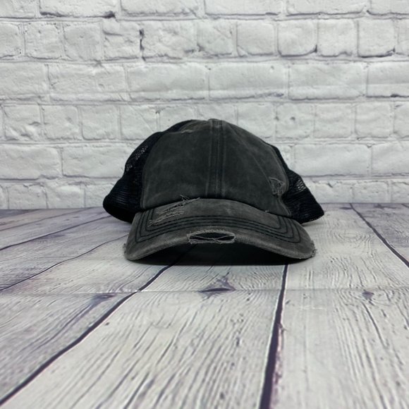 Pony Tail Women Hat Cap Strap Back Gray Distressed Mesh Back C.C. Ladies - Picture 5 of 9